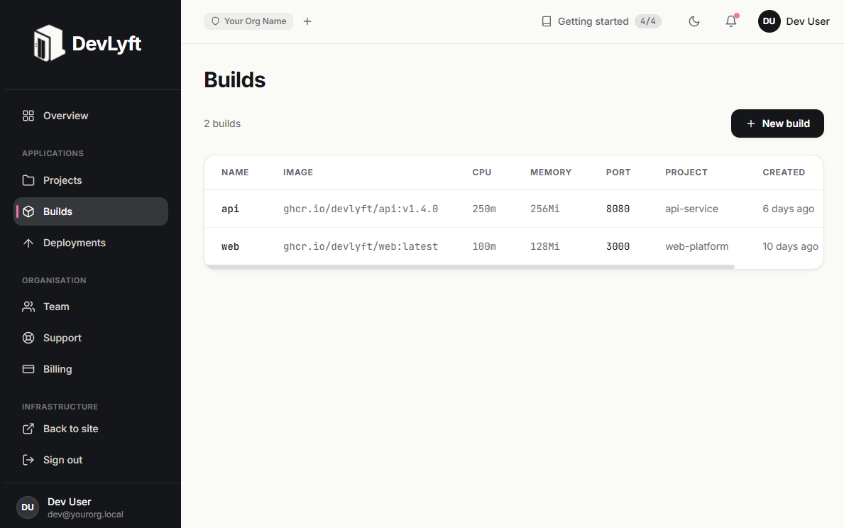 Build running and completed in the DevLyft dashboard