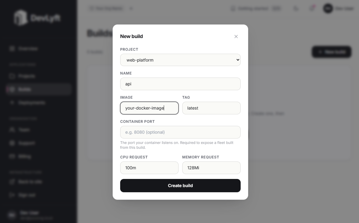 Build source selection — Docker image or GitHub Actions