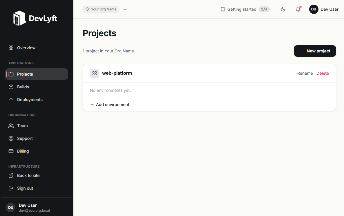 Create a project in the DevLyft dashboard