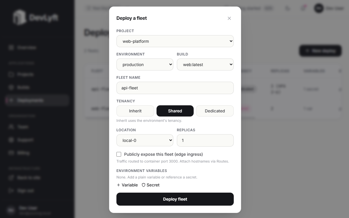 Deployment management in the DevLyft dashboard