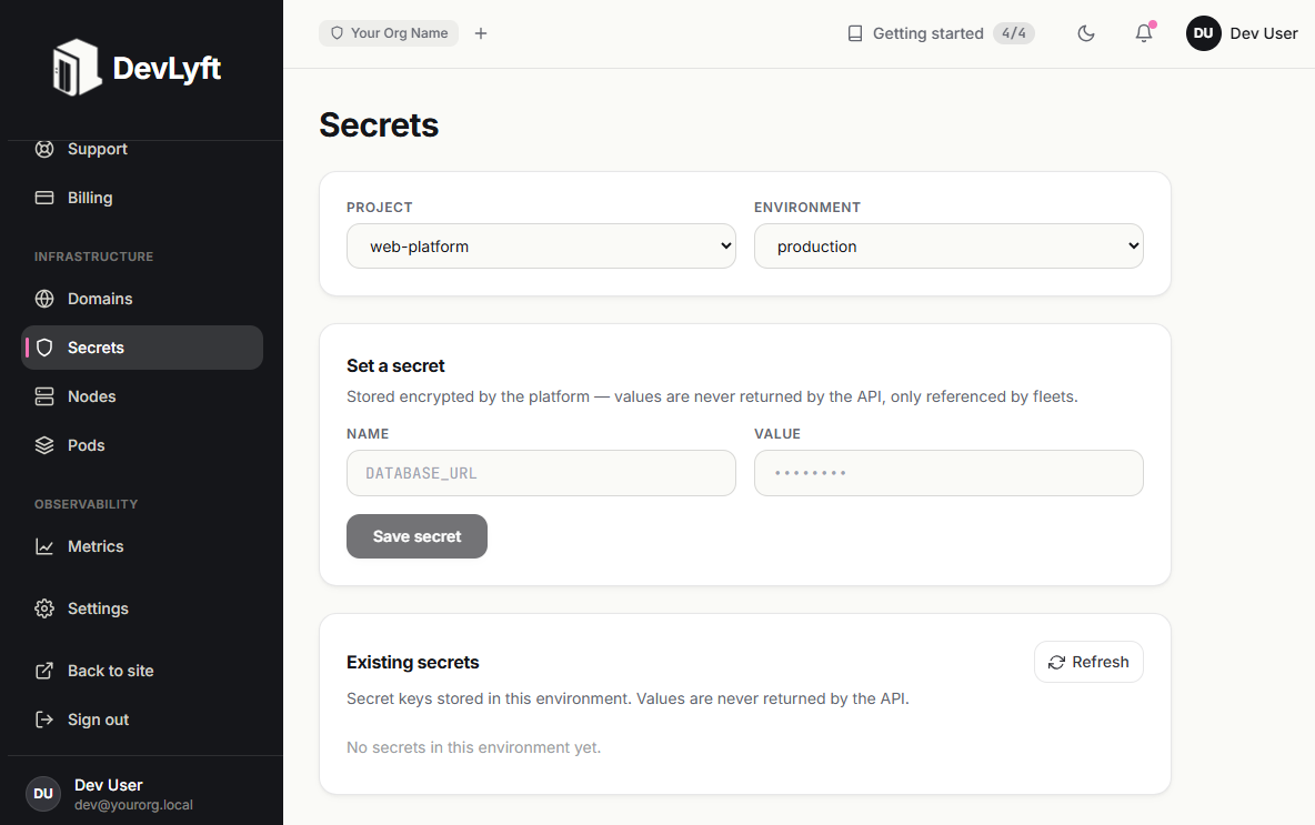 Secrets interface in the DevLyft dashboard